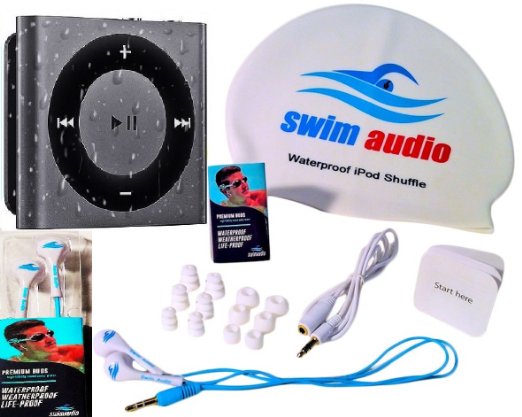 Top-Rated Waterproof iPod  Waterproof quotPremium Budsquot Headphones by Swim Audio WATERPROOF iPod Shuffle With TRUE DIGITAL SOUND Short-cord Premium Buds and Attractive Swim Cap - GRAY