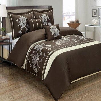 Full/Queen Myra Chocolate 5-Piece Duvet Cover Set Embroidered 100% Egyptian Cotton