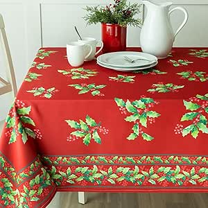 Benson Mills Winter Holly Engineered Spillproof Fabric Table Cloth, Winter, Holiday and Christmas Tablecloth (60" X 120" Rectangular, Winter Holly)