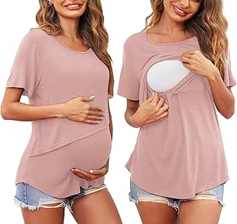 Ekouaer Women Short Sleeve Nursing Shirts Soft Maternity Tops Double Layer Breastfeeding Blouse Round Neck Pregnancy Clothes