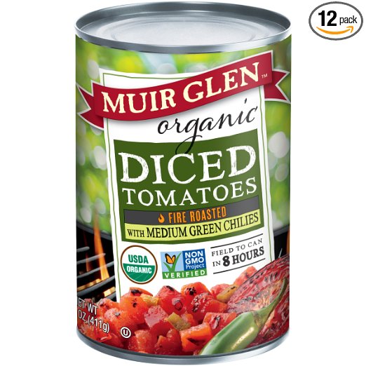Muir Glen Canned Tomatoes, Organic Diced Tomatoes, Fire Roasted with Medium Green Chilies, No Sugar Added, 14.5 Ounce Can (Pack of 12)