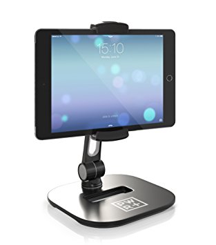 Pwr  Sturdy Metal Plastic Tablet-Stand Cell Phone-Holder, Adjustable 360 degree Swivel Angle Rotation for 4-11" Tablets Smartphones for Kitchen Bedside Office Table Reception