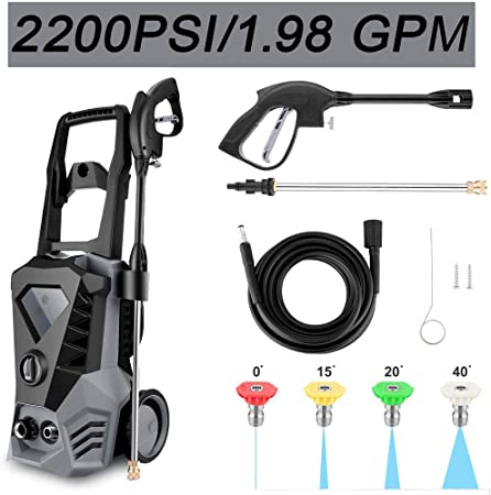 1800W Pressure Washer, 2200 Max PSI 1.98 GPM Electric High Pressure Cleaner Machine, Household Car Pressure Washer with High Pressure Hose, Spray Gun and 5 Nozzles Adapters for Cleaning Houses (Gray)