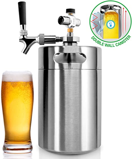 NutriChef PKBRTP299 Pressurized Mini Keg System, 128oz Double-Walled Stainless Steel Growler Tap Portable Dispenser Kegerator Kit, Co2 Regulator for Craft Beer Draft/Homebrew