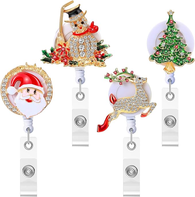 4 Pieces Christmas Crystal Rhinestone Retractable Badge Holder Nurse Badge Reel Bling ID Name Badge Holder with Swivel Alligator Clip for Nurse Doctor Teachers (Elk, Santa, Christmas Tree, Snowman)