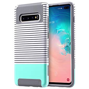 ULAK Galaxy S10  Plus case 6.4 inch, Stylish Slim Fit Hybrid Dual Layer Protective Flexible Shock Absorbing TPU Bumper Phone Cover for Samsung Galaxy S10 Plus (2019), Mint Minimal Stripes