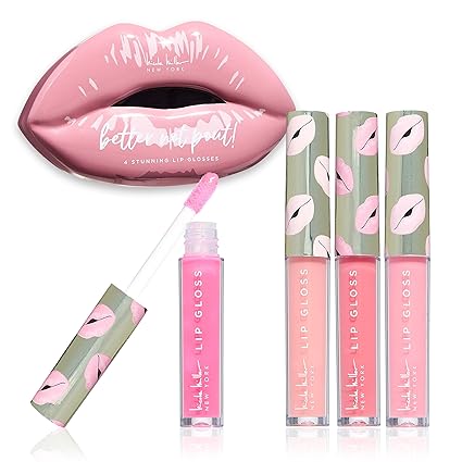 Nicole Miller 'Better Not Pout!' Lip Gloss Set - 4 Stunning Nude Shades | 2.5ml Each | Comes in a Tin Box | High-Shine Finish | Great Holiday Present