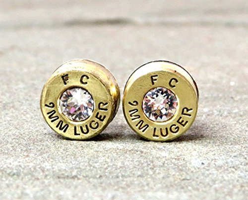 9MM Luger Federal Bullet Shell Casing Stud Earrings in Clear Swarovski Diamond