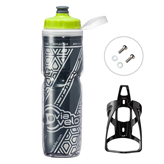Bicycle Reflective Insulated Water Bottle & Cage - Via Velo 750ML Capacity BPA-Free Double Insulated Bike Water Bottle with Cage Mount For Sports, Indoor and Outdoor Activities