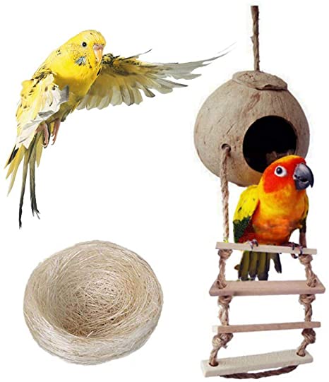 Bird Nest for Parakeets Naturals Coco Parrot Breeding Box Lovebird House Cage Play Hanging Toy with Ladder for Budgies Parakeet Cockatiels Conure Canary Finch Pigeon