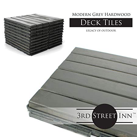 Deck Tiles - Patio Pavers - Acacia Wood Outdoor Flooring - Interlocking Patio Tiles - 12"x12" (20 Pack) - Modern Grey Finish - Straight Pattern Decking