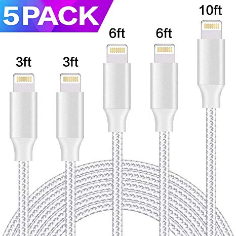 iPhone Charger, MFi Certified Lightning Cable 5 Pack [3/3/6/6/10FT] Extra Long Nylon Braided USB Charging&Syncing Cord Compatible with iPhone 7/7Plus/XS Max/XS/XR/X/8/8Plus/6S/6S Plus/SE(Silver&White)