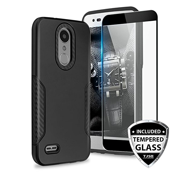 LG ARISTO 2 X210 Case, LG Tribute Dynasty Case, LG REBEL 3 LTE Case, LG Zone 4 Case, With TJS [Full Coverage Tempered Glass Screen Protector] Hybrid Shockproof Carbon Metallic Phone Case Cover (Black)
