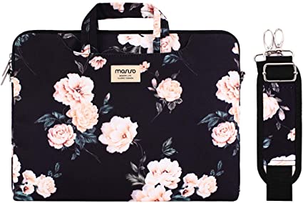 MOSISO Laptop Shoulder Bag Compatible with MacBook Pro 16 inch 2021 M1 Pro/Max A2485/2019-2020 A2141/Pro 15 A1398 & 15-15.6 inch Notebook, Camellia Carrying Briefcase Sleeve with Trolley Belt, Black