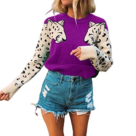 Sweaters for Women - Casual Leopard Printed Patchwork Long Sleeves Knitted Pullover Cropped Sweater Tops