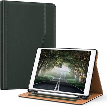 OKP Case for  iPad 9th Generation 2021 / 8th Generation 2020/ 7th Gen 2019 10.2 inch Case with Multi-Angle Viewing PU Leather Flio Stand Cover with Pencil Holder & Pocket, Auto Sleep/Wake, Dark Green