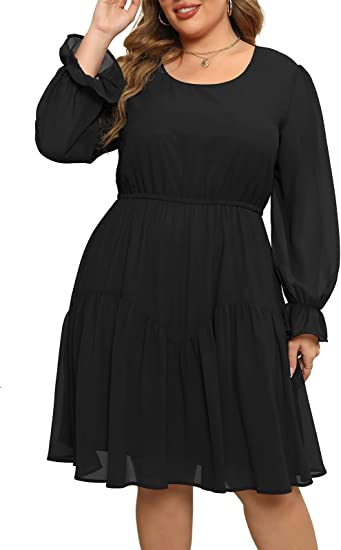 Nemidor Womens Casual Plus Size Long Lantern Sleeve Boho Chiffon Print Midi Skater Dress NEM320