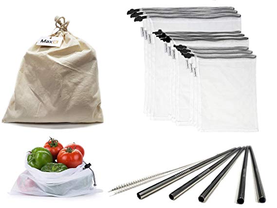 Reusable Produce Bags   Stainless Steel Straws | Ultra Light, Super Strong Double Stitched Seams | See-Through and Machine Washable Mesh | For Fruits, Vegetable, Grocery, Food, Toys, Storage | 14 Pack