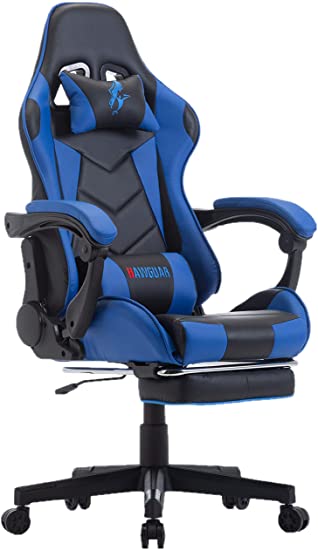 Gaming Chair Gaming Chaise Racing Entertainment Video Game Chair Ergonomic Backrest and Seat Height Adjustment Computer Chair with Pillows Recliner Swivel Rocker Headrest and Lumbar Tilt E-Sports Chair (BLUE)