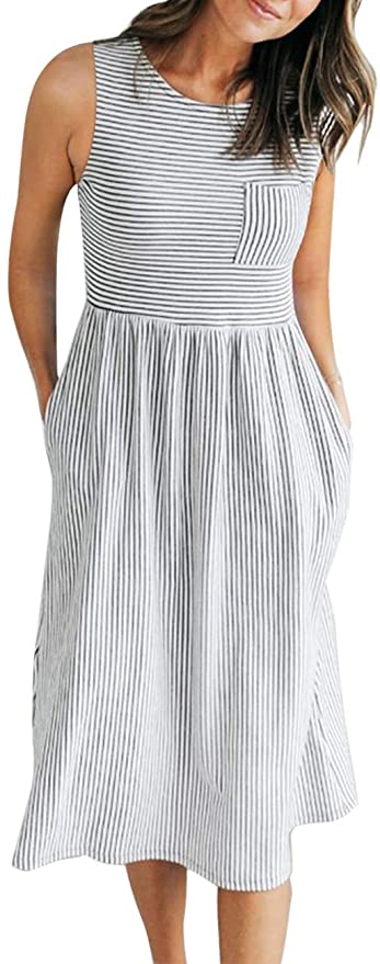 MEROKEETY Women's 3/4 Balloon Sleeve Striped High Waist T Shirt Midi Dress with Pockets