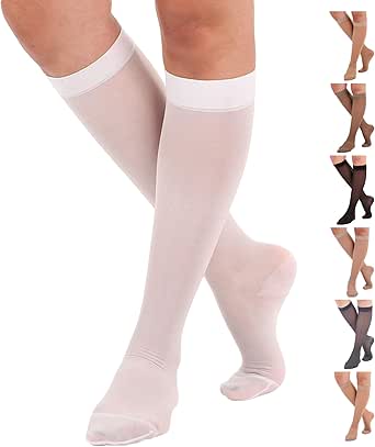 Made in USA - Sheer Compression Socks for Women 15-20 mmHg - Support Hose Knee High Stockings - A101