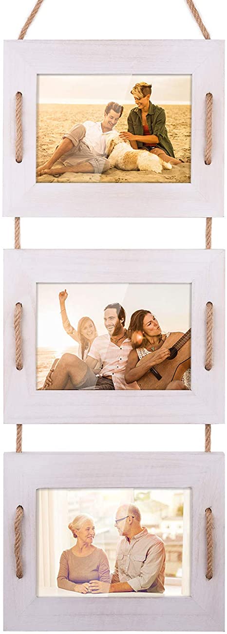 DLQuarts Collage Hanging Picture Photo Frame 5 x 7, 3-Frame Set On Hanging Rope, Rustic Solid Wood Photo Frame Vintage White, Best Gift Choice
