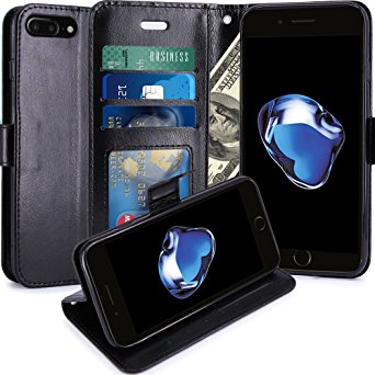 iPhone 7 Plus Case, LK Luxury PU Leather Wallet Flip Protective Cover with Card Slots & Stand (Black)