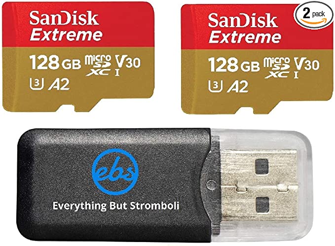 SanDisk Extreme MicroSD Card 128GB Memory Card (Two Pack) for DJI Air 2S Drone (SDSQXA1-128G-GN6MN) 4K Video Speed V30 UHS-I A2 160MB/s SDXC Bundle with (1) Everything But Stromboli Micro Card Reader