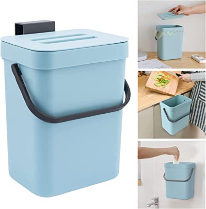 Countertop Compost Bin with Lid, Hanging Small Trash Can with Lid Under Sink for Kitchen, Food Waste Bin for Countertop, Mountable Garbage Can for Bathroom, RV, 12L/3.2 Gal, Blue