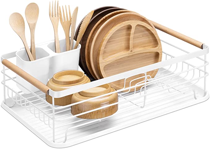 Navaris Dish Drainer Rack - Plate, Cutlery, Pots and Pans Drying Rack for Kitchen with Beechwood Handles - Modern Retro Design Drip Tray - White