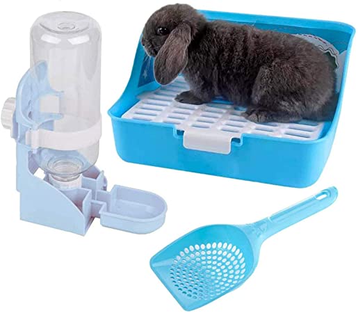 Rabbit Litter Box Bunny Water Bottle,Small Animal Litter Cage Potty Pet Cage 17oz Hanging Water Fountain Automatic Dispenser No Leak WaterFeeder for Chinchilla Guinea Pig Hedgehog Ferret(Blue)