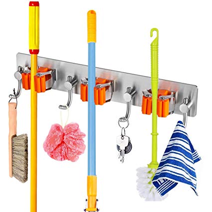 Broom Holder Wall Mount No Drill Holes Damage to Wall Super Strong Self Adhensive Holder Stainless Steel Spring Clip Silicone Protector Broom and Mop holder with Storage Hooks Holds up to 10 Pounds