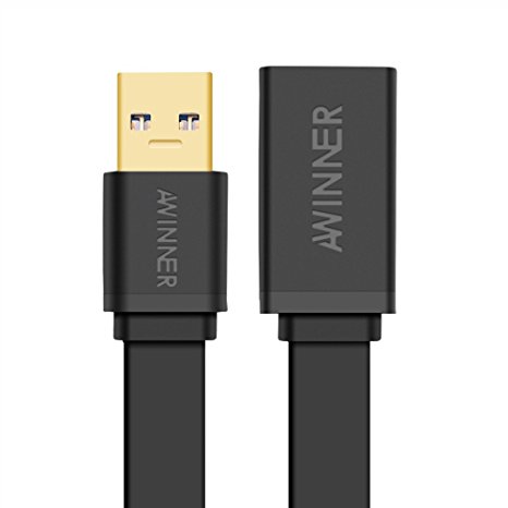 AWINNER USB 3.0 Extension Cable A Male to A Female USB Extender Cord Black -Free Lifetime Replacement Warranty (1M-Flat)