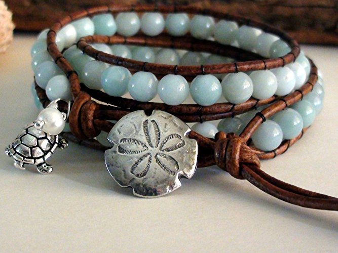 Sea Blue Green Amazonite Leather Wrap Bracelet with turtle and pearl