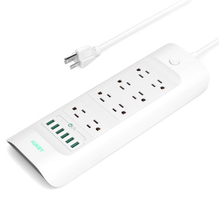 Surge Protector AUKEY 6 Ports 6A USB Charger with 8 Outlets Power Strip 5ft Cord Office/Home Power Socket