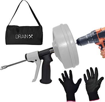 DrainX SPINFEED 50 Foot Drum Auger | Use Manually or Drill Powered - Auto Extend and Retract Snake | Work Gloves and Storage Bag Included
