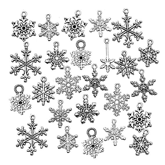 Snowflake Charm-100g (about 80-90pcs) Antique Silver Christmas Snowflake Charms Pendants for Crafting, Jewelry Findings Making Accessory For DIY Necklace Bracelet HK27 (Snowflake Collection)