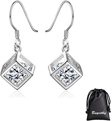 Sterling Silver Plated Cube Dangle for Women Teen Girls Silver Cubic Zirconia Drop Earrings,with BuycitKy PU Jewelry Pouch