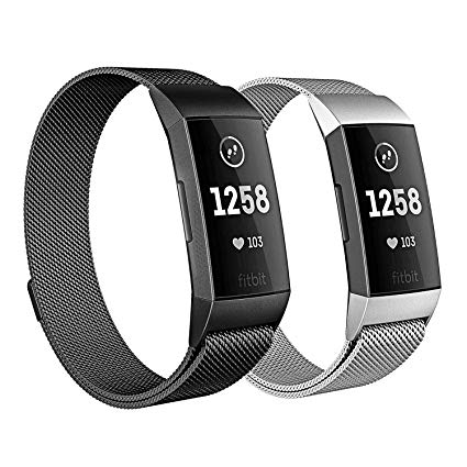 Milanese Bands for Fitbit Charge 3, SailFar 2PCS Magnetic Clasp Mesh Loop Milanese Stainless Steel Metal Bracelet Strap/Watch Band for Fitbit Charge 3,Small/Large, Men(Large, Black   Silver)