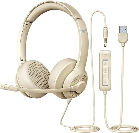 USB Headset with Microphone for PC, On-Ear Computer Laptop Headphones with Noise Cancelling Mic in-line Control for Home Office Online Class Zoom-Apricot