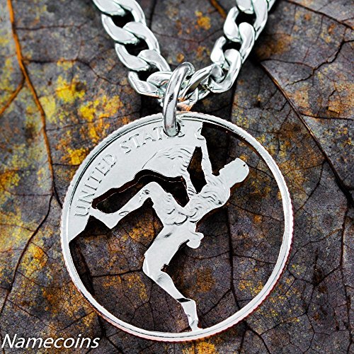 Rock Climber Necklace, climbing jewelry, Hand cut coin by Namecoins, Athletic Apparel