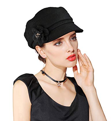 EINSKEY Womens Visor Beret Newsboy Cap Wool Felt Cloche with Flower Cabbie Hat for Ladies Girls