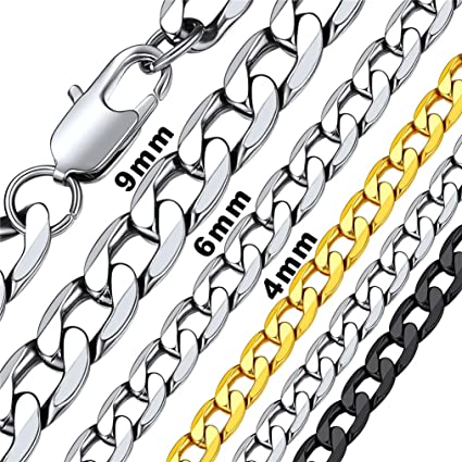 Bandmax 316L Stainless Steel Heavy Men Curb Cuban Link Necklace Jewelry 4mm/6mm/9mm Boys Male Long Punk Biker Flat Miami Chain Necklace 14" 18" 20" 22" 24" 26" 28" 30",18K Gold/Black(Brand Box)