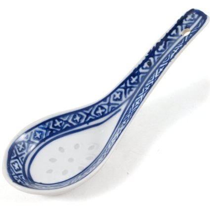 White Porcelain Blue Patterned Asian Soup Spoons Set of 4