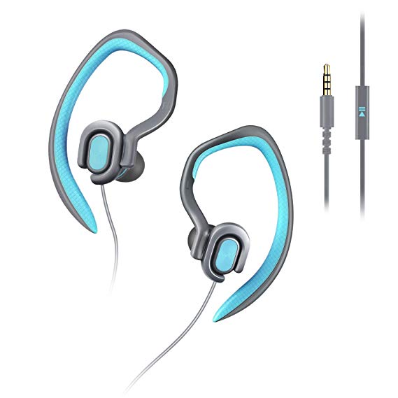 MUCRO HD Stereo Wired Sports Headphones with Detachable Earhook, Sweatproof Earphones with Microphone for Gym Running Jogging Workout, Lightweight in Ear Earbuds (Blue)