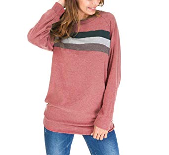 Helisopus Women Striped Pullovers Sweatshirt Cotton Long Sleeve Crew Neck Tops Blouses