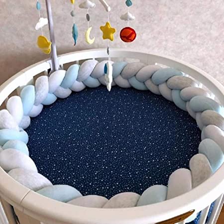 Baby Crib Bumper Plush Nursery Cradle Decor Knotted Braided Junior Bed Sleep Safety Bedside Padded Plush Cushion for Gift(157 Inch/4M, Gray White Blue)