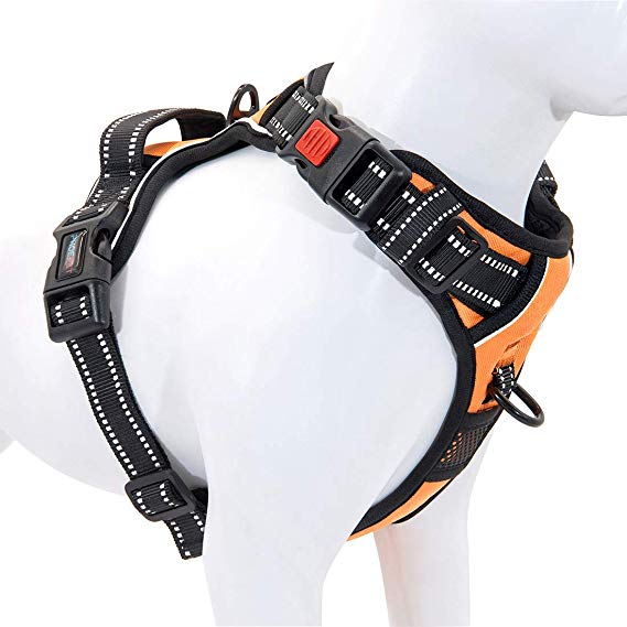 PHOEPET No Pull Dog Harness Reflective Adjustable Vest with a Training Handle, Name ID Pocket, 2 Metal Leash Hooks, 3 Snap Buckles [Easy to Put on & Take Off]