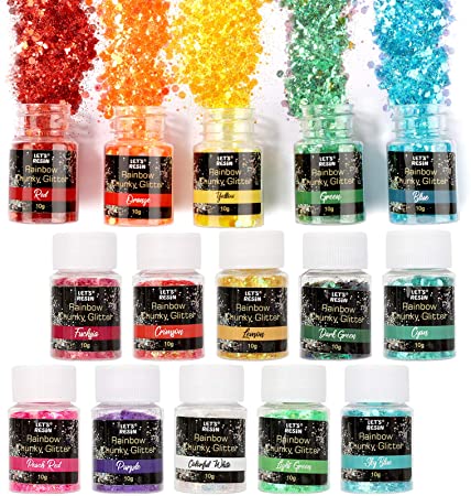 LET'S RESIN Iridescent Fine& Chunky Glitter, 15 Colors Rainbow Craft Glitter for Resin, Sparkle Sequins Glitter for Tumbler/Slime/Nail Art