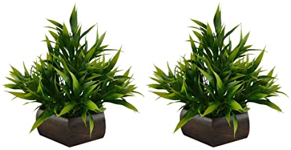 Planters Artificial Bamboo Leaves Plant with Wooden Pot (Green, 2 Pieces)